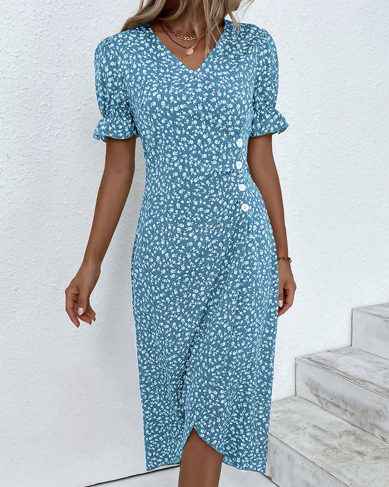 Adeline – Floral Print Dress with Short Sleeves – Light & Elegant