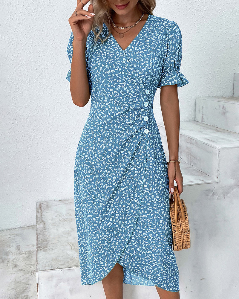 Adeline – Floral Print Dress with Short Sleeves – Light & Elegant