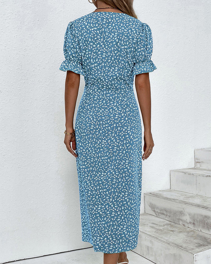 Adeline – Floral Print Dress with Short Sleeves – Light & Elegant