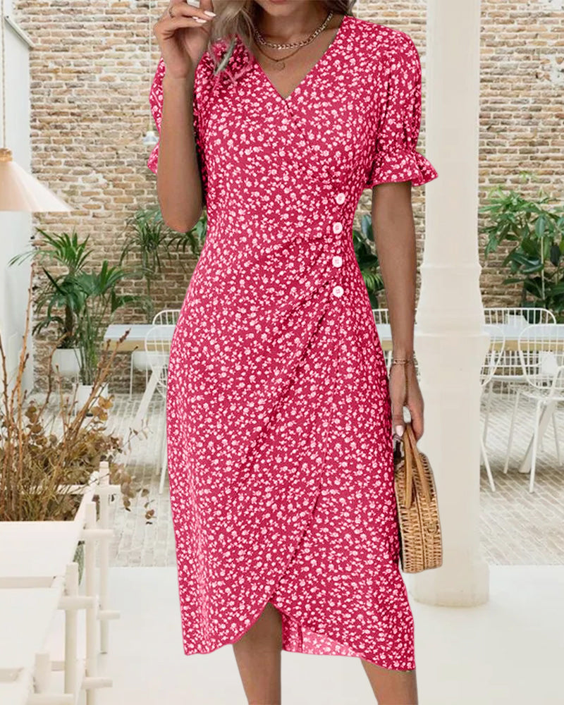 Adeline – Floral Print Dress with Short Sleeves – Light & Elegant