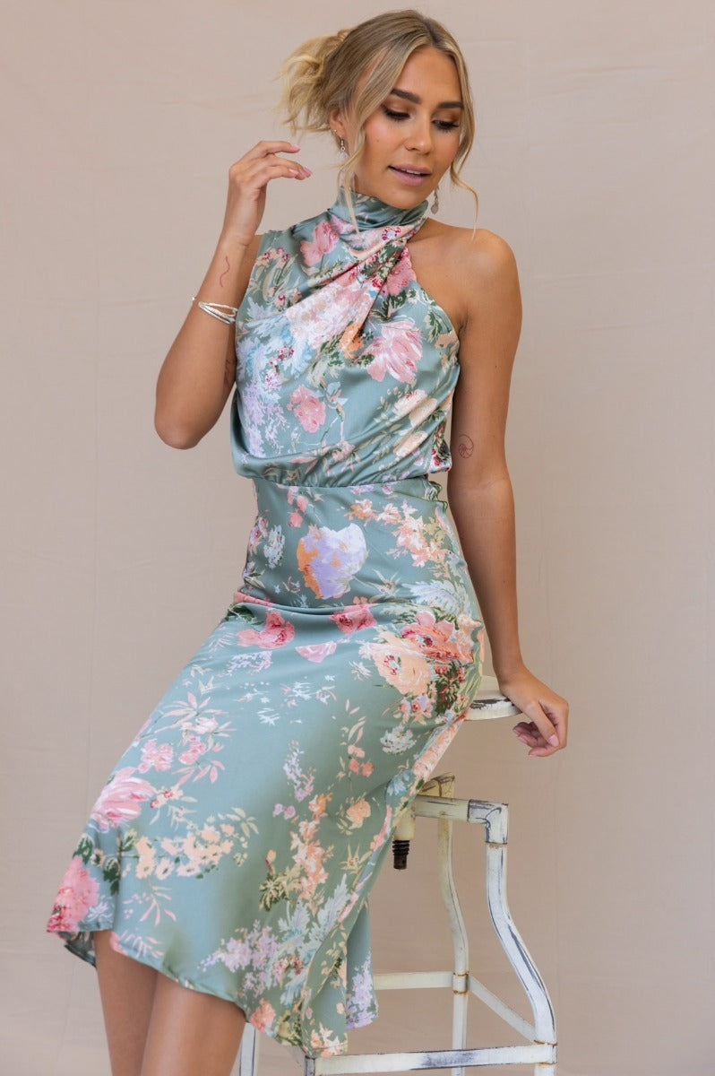 Dove - Elegant Floral Halter Dress - Graceful & Stylish