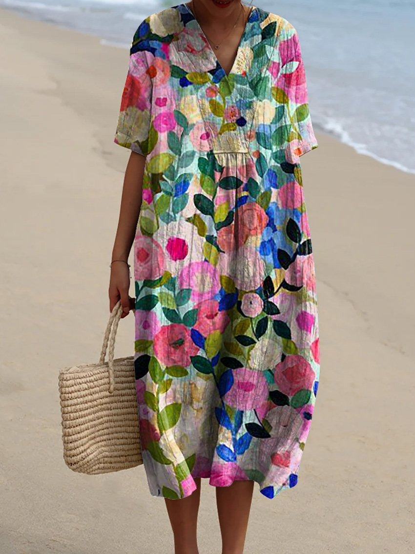 Dominica – Floral V-Neck Midi Dress – Elegant & Flowy