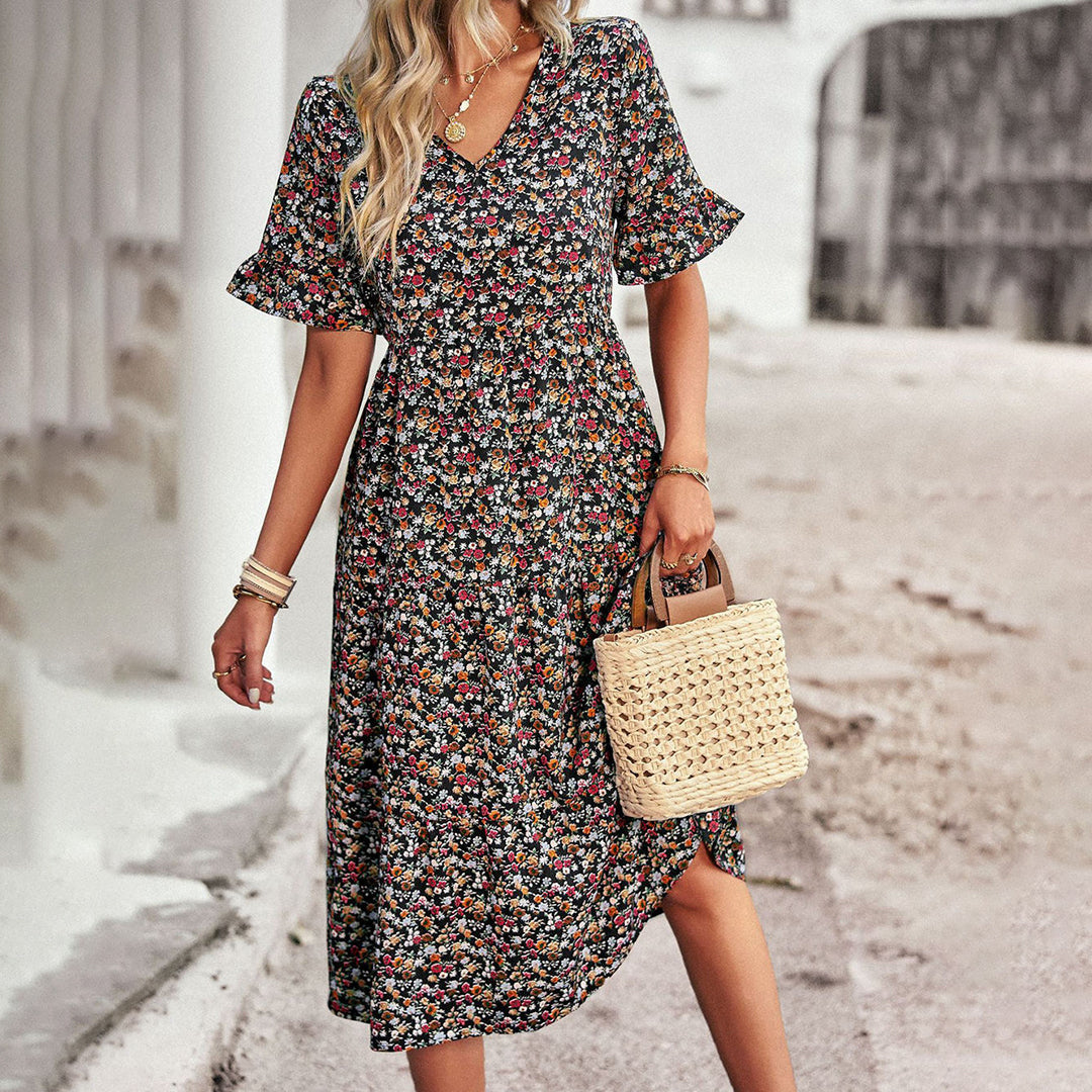 Melisande - V-Neck Boho Midi Dress - Effortless Elegance & Comfort