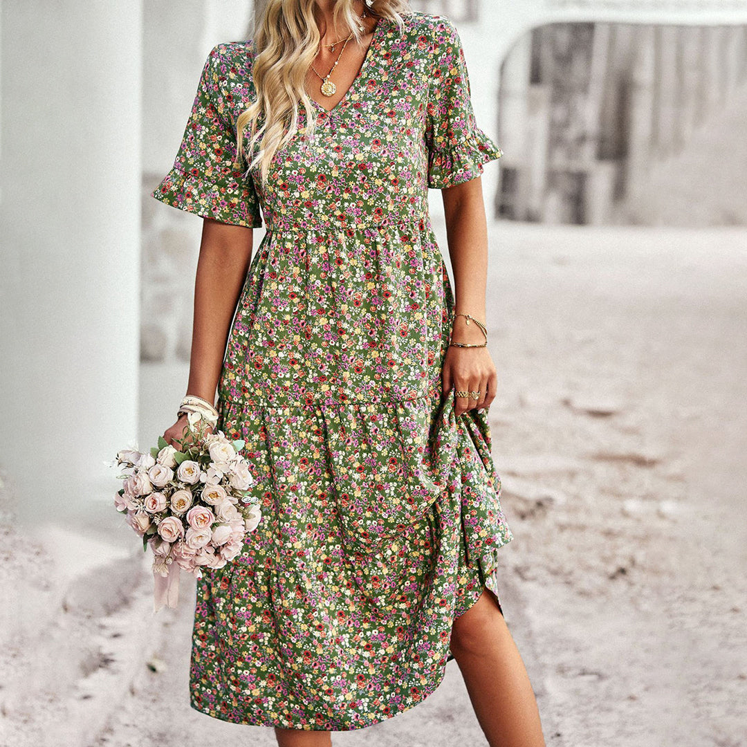 Melisande - V-Neck Boho Midi Dress - Effortless Elegance & Comfort