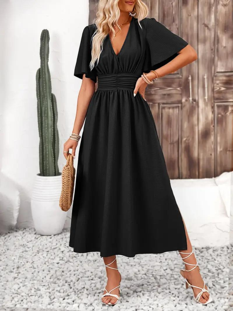 Emelda - V-Neck Symmetric Maxi Dress – Elegant & Flattering Fit