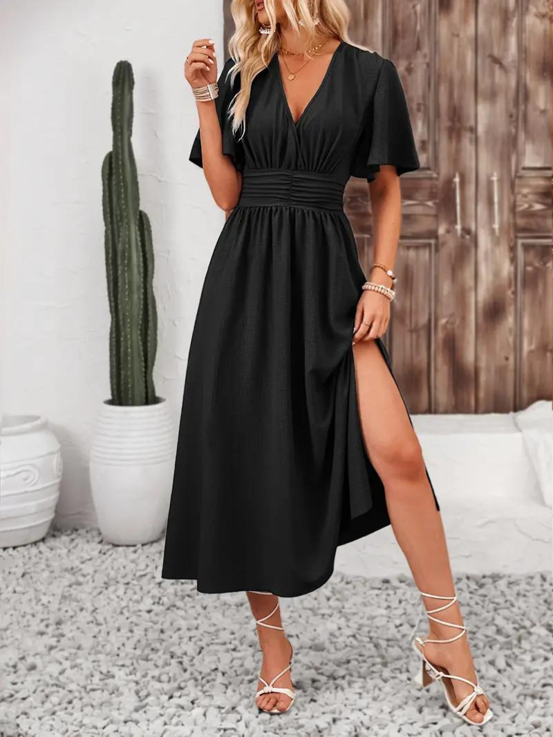 Emelda - V-Neck Symmetric Maxi Dress – Elegant & Flattering Fit