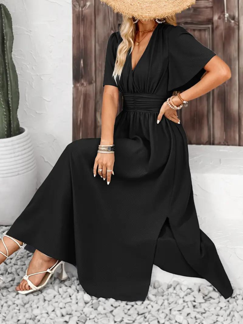 Emelda - V-Neck Symmetric Maxi Dress – Elegant & Flattering Fit