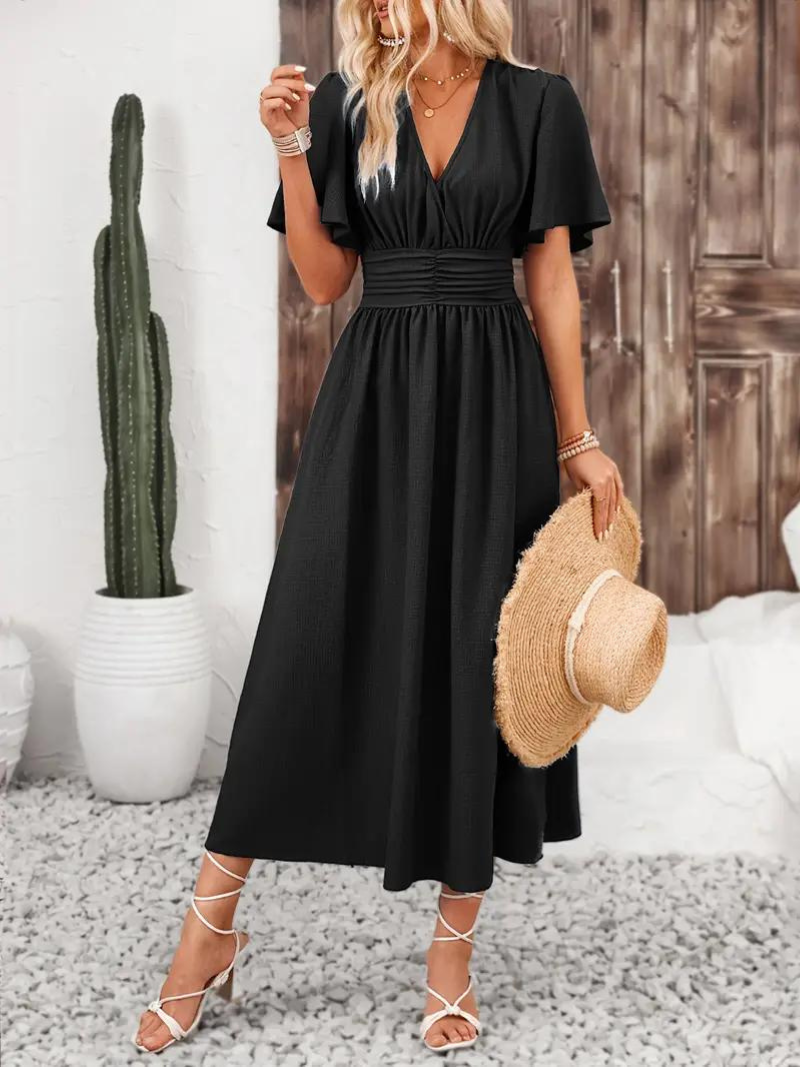 Emelda - V-Neck Symmetric Maxi Dress – Elegant & Flattering Fit