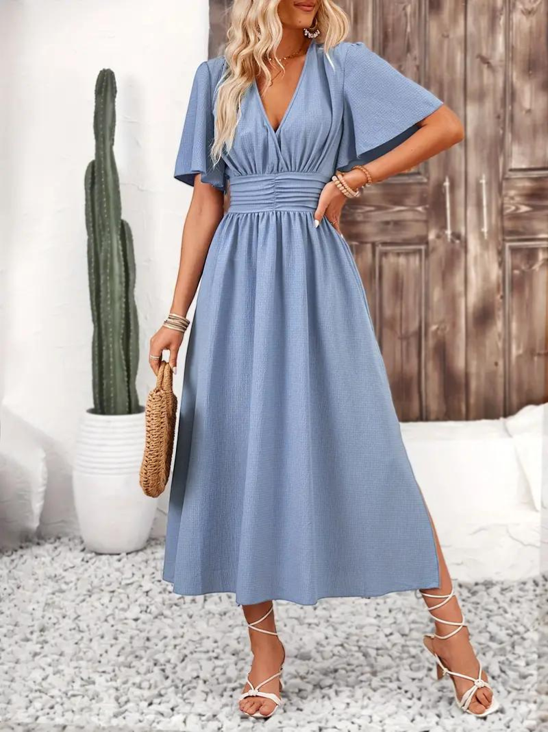 Emelda - V-Neck Symmetric Maxi Dress – Elegant & Flattering Fit