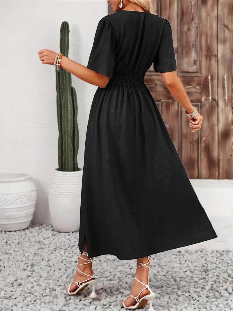 Emelda - V-Neck Symmetric Maxi Dress – Elegant & Flattering Fit