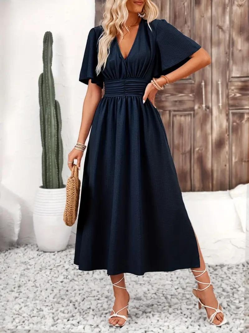 Emelda - V-Neck Symmetric Maxi Dress – Elegant & Flattering Fit