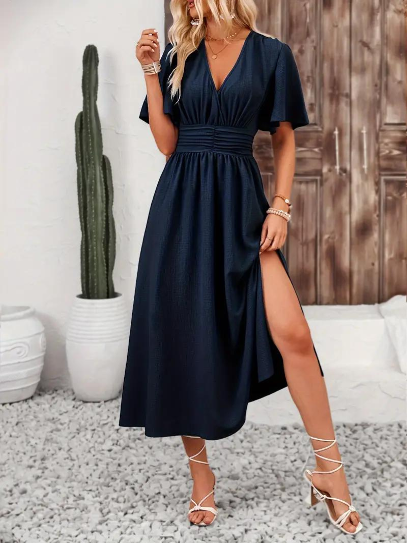 Emelda - V-Neck Symmetric Maxi Dress – Elegant & Flattering Fit