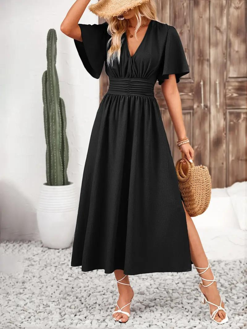 Emelda - V-Neck Symmetric Maxi Dress – Elegant & Flattering Fit