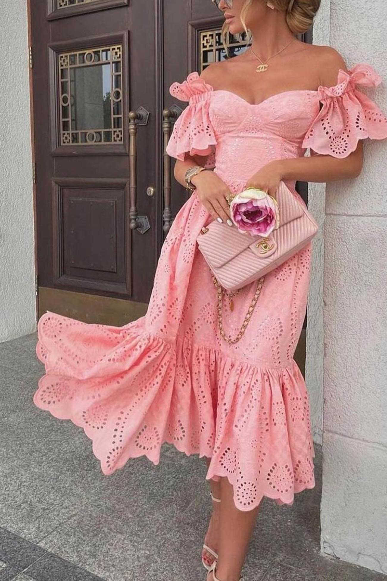 Amira - Off-Shoulder Hollow Out Ruffle Dress - Elegant & Flirty