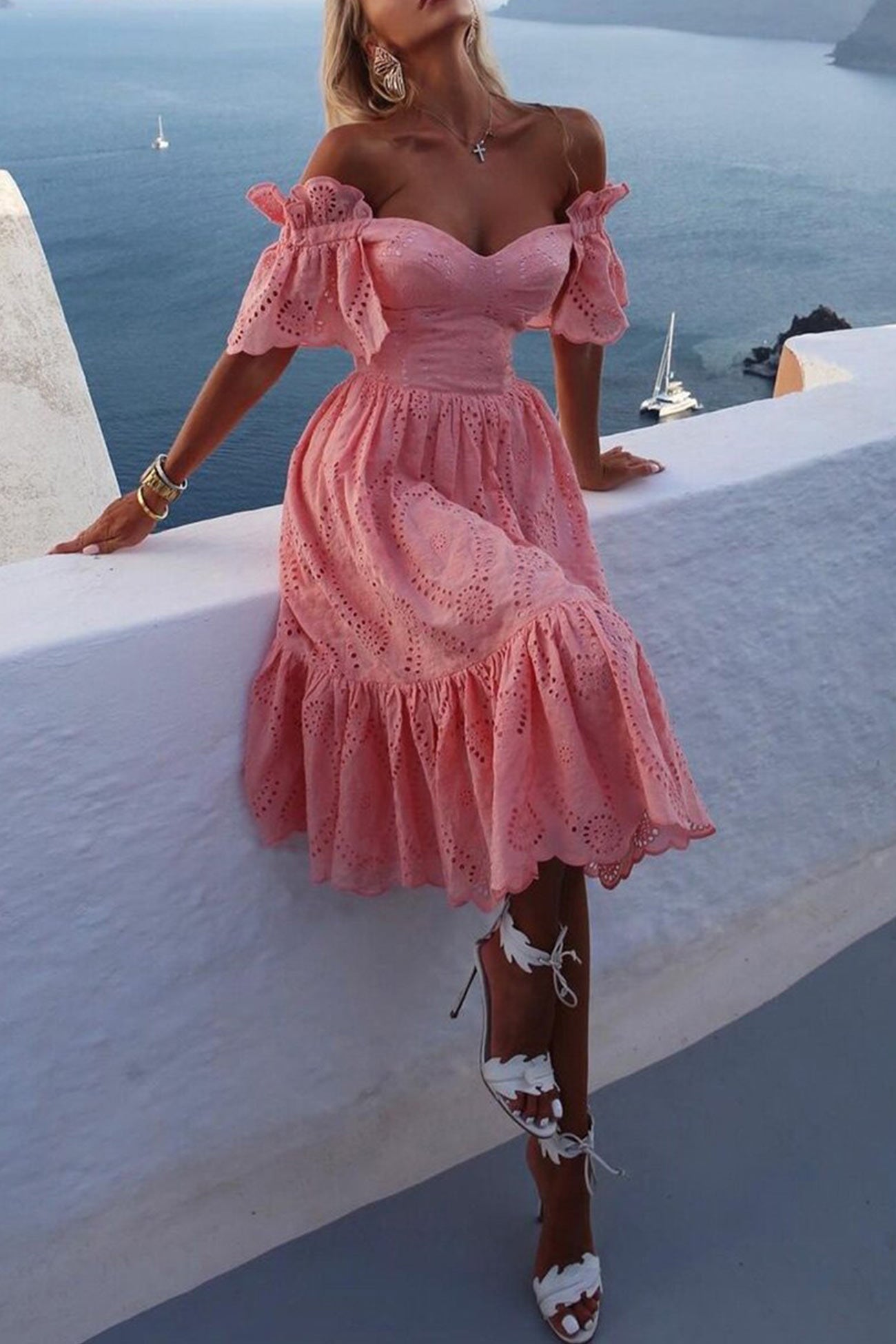 Amira - Off-Shoulder Hollow Out Ruffle Dress - Elegant & Flirty