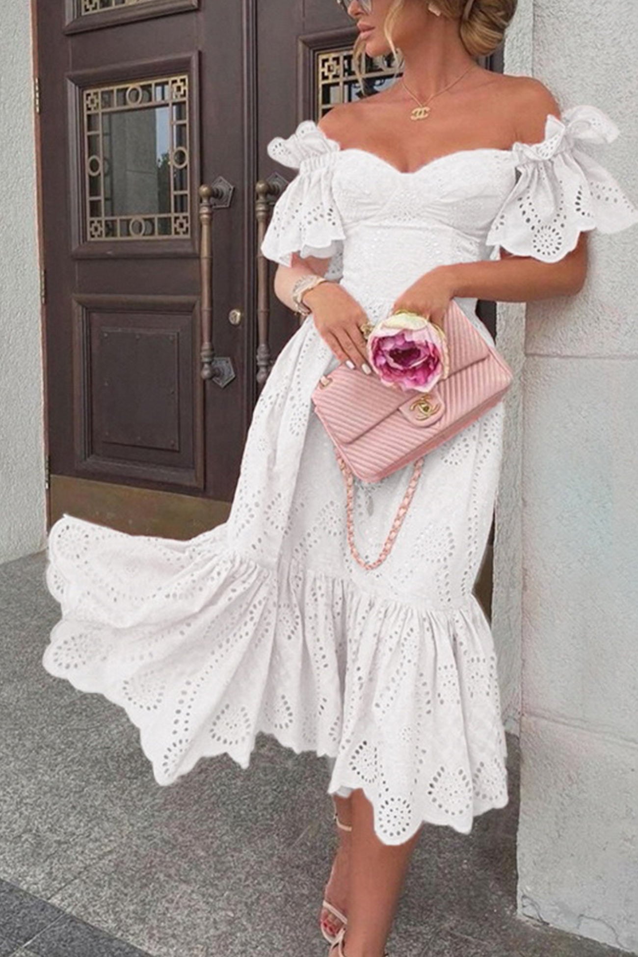 Amira - Off-Shoulder Hollow Out Ruffle Dress - Elegant & Flirty