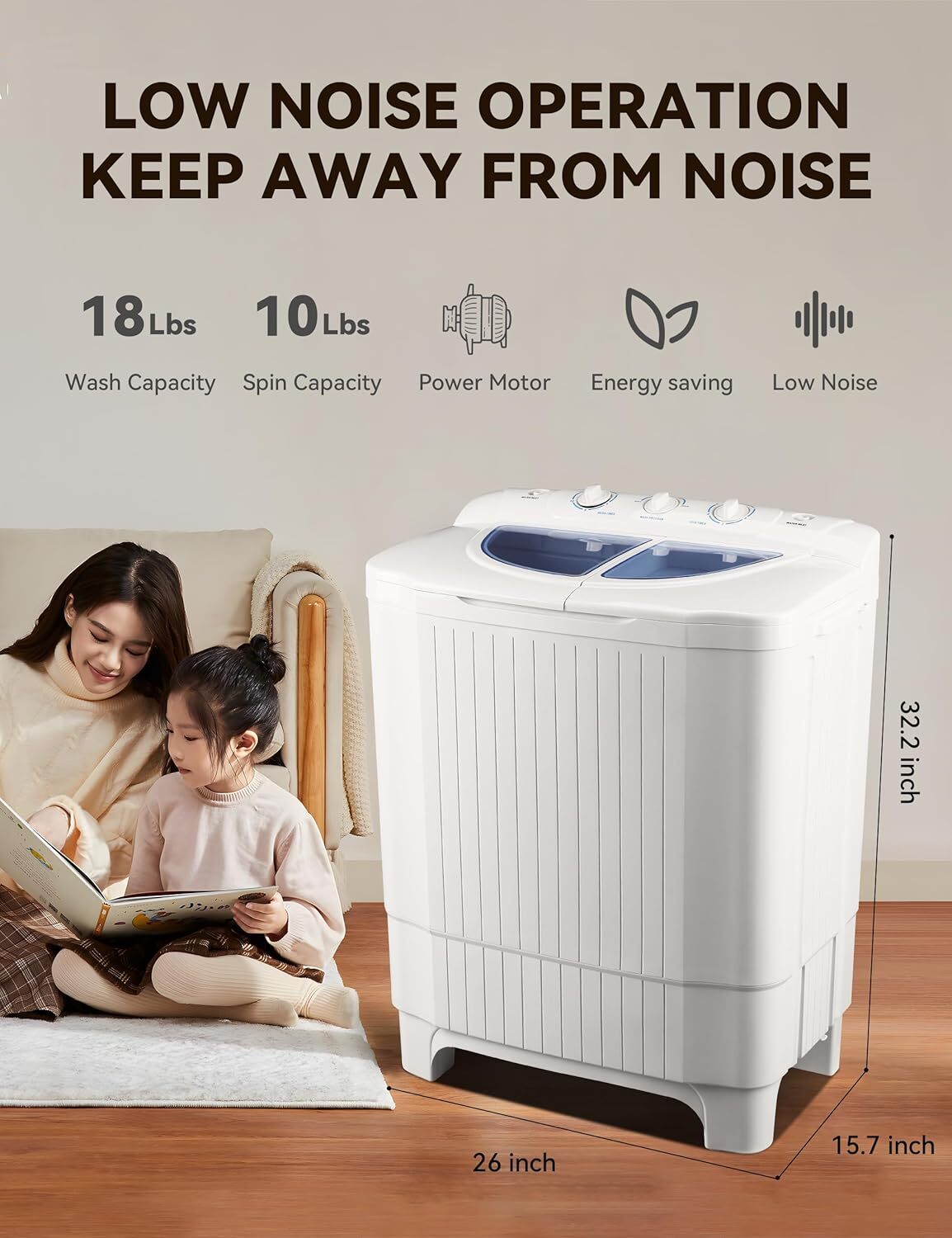 28Lbs Twin Tub Semi-Automatic Washing Machine – Portable Washer with Drain Pump for Home, Apartments, Dorms, and RVs