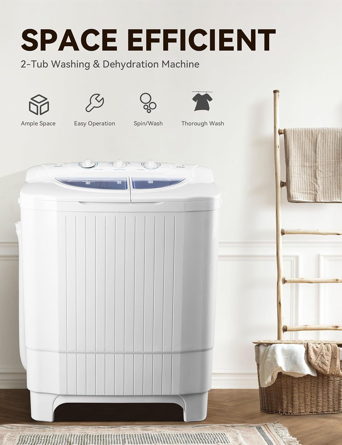 28Lbs Twin Tub Semi-Automatic Washing Machine – Portable Washer with Drain Pump for Home, Apartments, Dorms, and RVs