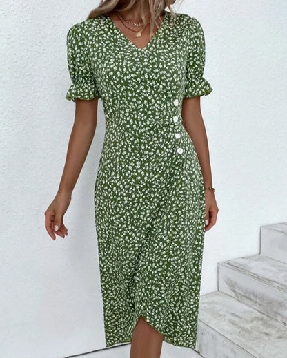 Adeline – Floral Print Dress with Short Sleeves – Light & Elegant