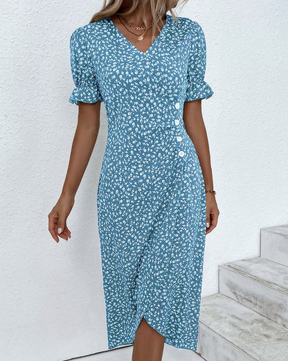 Adeline – Floral Print Dress with Short Sleeves – Light & Elegant