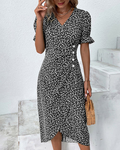 Adeline – Floral Print Dress with Short Sleeves – Light & Elegant