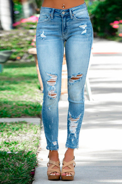 Karissa - Distressed Raw Hem Skinny Jeans - Trendy & Comfortable