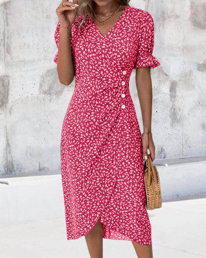 Adeline – Floral Print Dress with Short Sleeves – Light & Elegant
