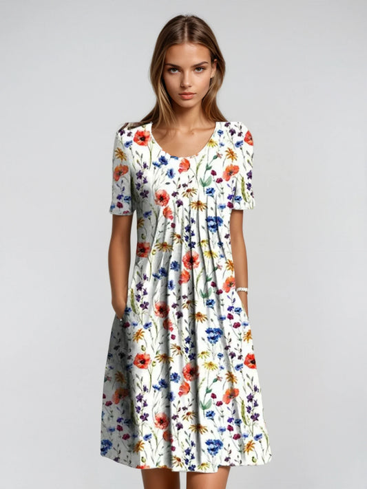 Adelina - Short Sleeve Floral Midi Dress - Elegant & Breezy
