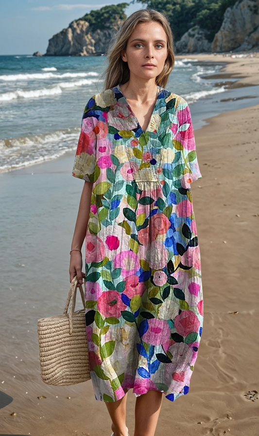 Dominica – Floral V-Neck Midi Dress – Elegant & Flowy