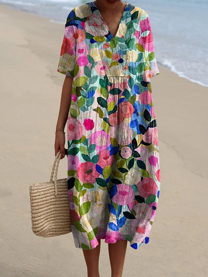 Dominica – Floral V-Neck Midi Dress – Elegant & Flowy