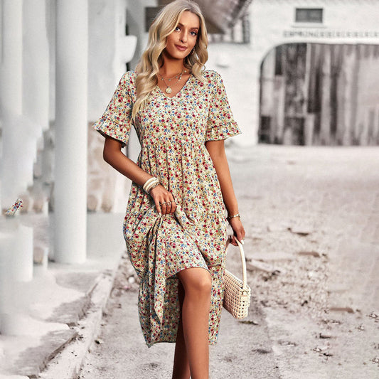 Melisande - V-Neck Boho Midi Dress - Effortless Elegance & Comfort