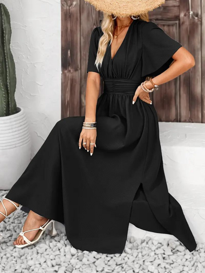 Emelda - V-Neck Symmetric Maxi Dress – Elegant & Flattering Fit