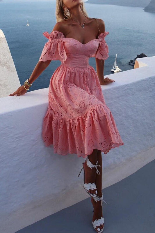 Amira - Off-Shoulder Hollow Out Ruffle Dress - Elegant & Flirty