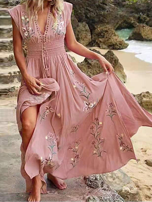 Laverine - V-Neck Boho Maxi Dress - Elegant & Flowy